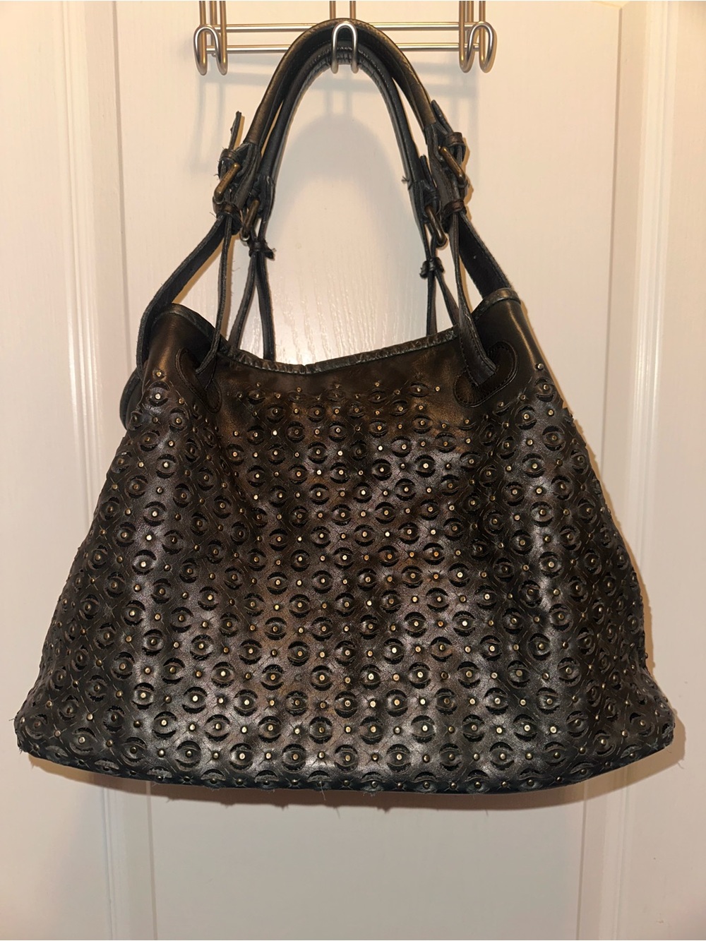 Black Studded Leather Shoulder Bag with Eyelet Detailing
